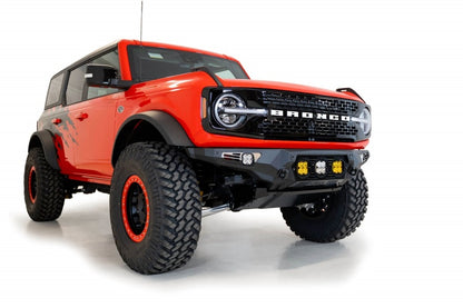 Addictive Desert Designs Bomber Front Bumper for Ford Bronco 2021-2023 with Baja Designs LP4 Mounts and D-Rings in Hammer Black