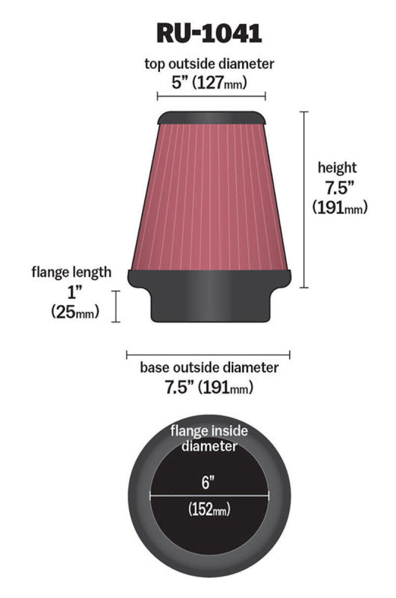 K&N Engineering Universal Clamp-On Air Filter 6 inch Flange / 7.5 inch Body / 5 inch Top / 7.5 inch Height (Part Number RU-1041)