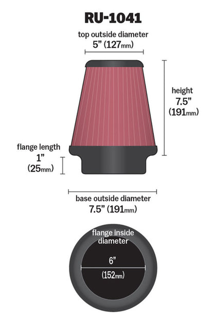K&N Engineering Universal Clamp-On Air Filter 6 inch Flange / 7.5 inch Body / 5 inch Top / 7.5 inch Height (Part Number RU-1041)
