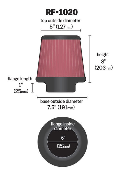 K&N Engineering Universal Air Filter - 6 inch Flange ID x 7.5 inch Base / 5 inch Outer Diameter Top x 8 inch Height
