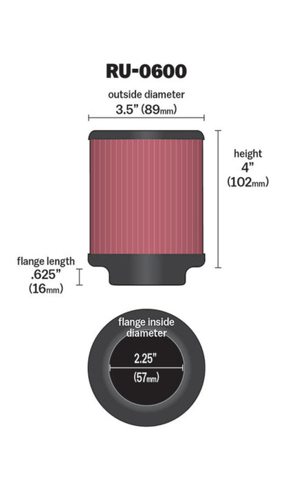 K&N Engineering Universal Rubber Air Filter Part RU-0600 – 2 1/4 Inch Flange, 3 1/2 Inch Outer Diameter, 4 Inch Height