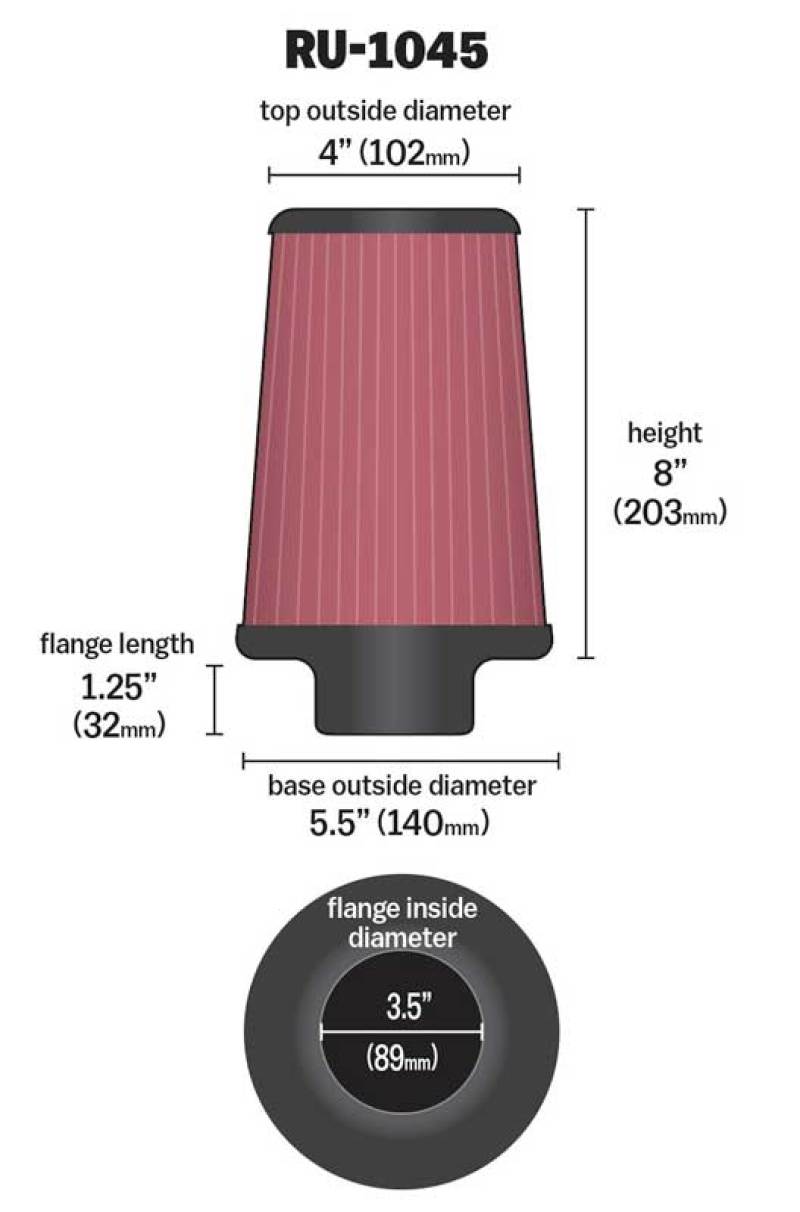 K&N Universal Tapered Air Filter for Jeep Wrangler – 3.5 inch Flange, 8 inch Height, Part Number RU-1045