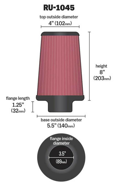 K&N Universal Tapered Air Filter for Jeep Wrangler – 3.5 inch Flange, 8 inch Height, Part Number RU-1045