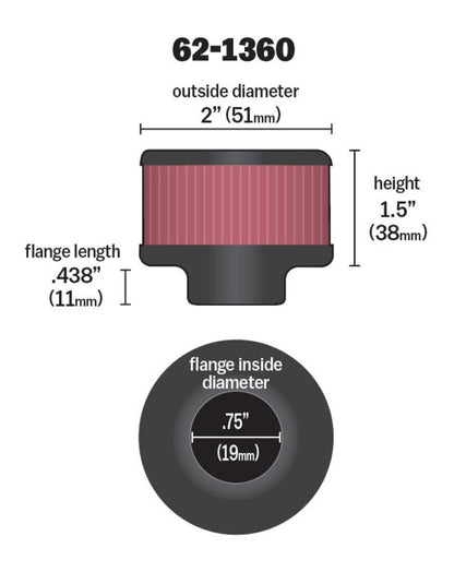 K&N Engineering 62-1360 3/4 Inch ID 2 Inch OD Clamp-On Crankcase Vent Filter for Automotive Applications