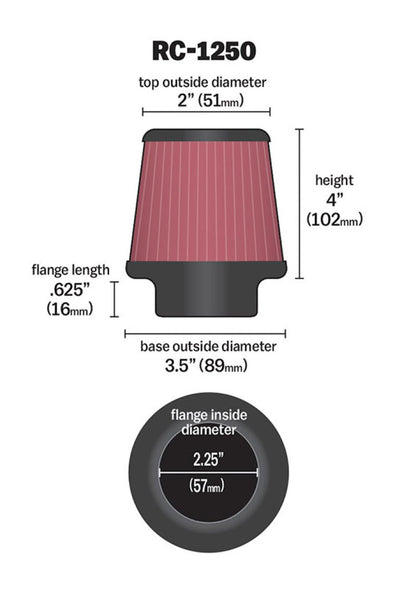 K&N Engineering RC-1250 Universal Chrome Air Filter – 2.25 Inch Flange, 3.5 Inch Base, 2 Inch Top, 4 Inch Height