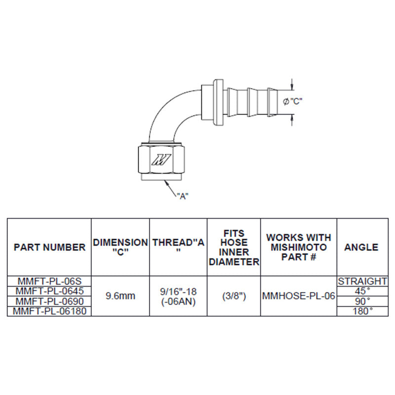 Mishimoto -6AN Push Lock Fitting - Straight, 45°, 90°, and 180° Angles for Automotive Fluid Systems