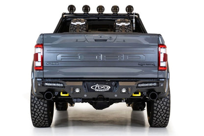 Addictive Desert Designs HoneyBadger Rear Bumper for Ford Raptor 2021-2023 with 10-inch LED Mounts and Satin Black Panels