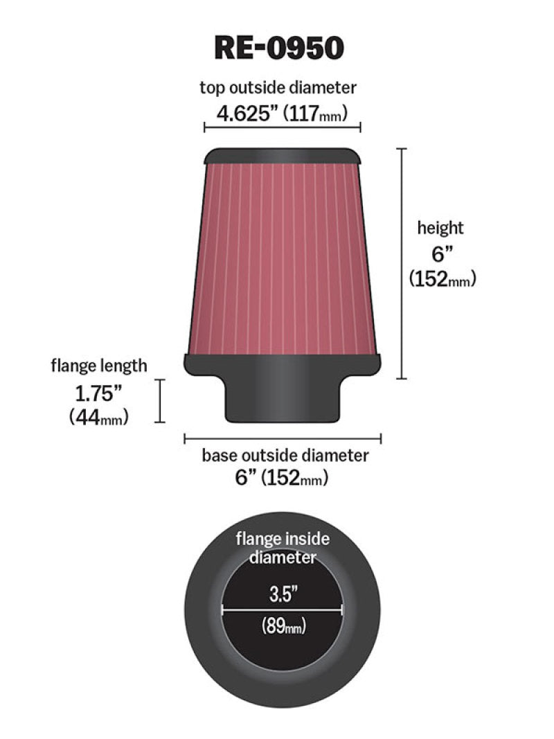 K&N Engineering RE-0950 Universal Rubber Air Filter – 3.5 Inch ID, 6 Inch Height, Reusable and Washable