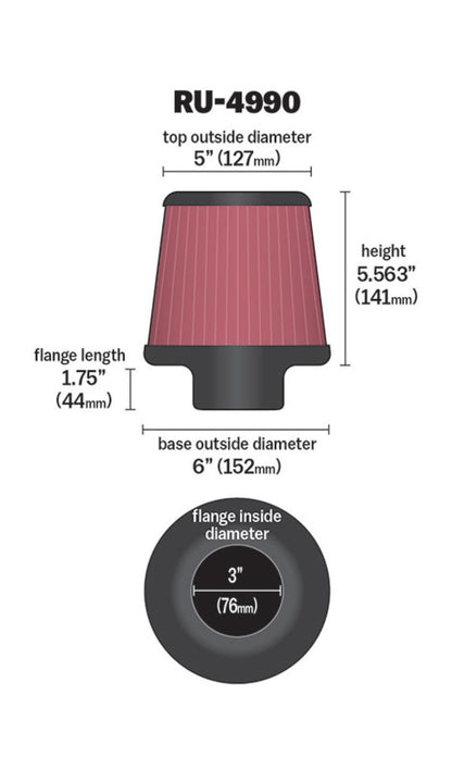 K&N Engineering Universal Rubber Air Filter - 3 Inch Flange, 6 Inch Base OD, 5 Inch Top OD, 5.56 Inch Height