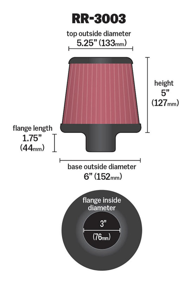 K&N Engineering Universal 3-inch Flange Inverted Top Air Filter (Part RR-3003)