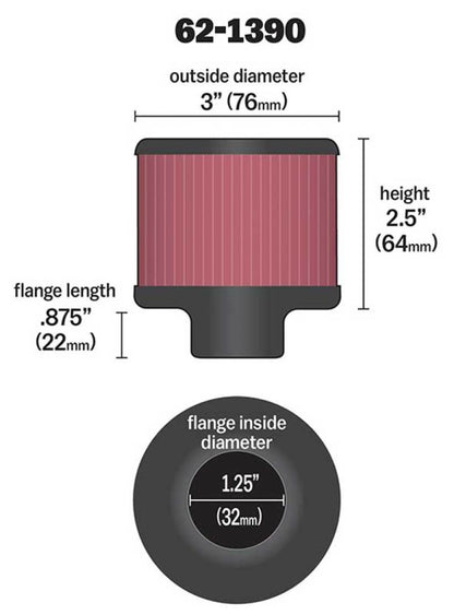 K&N Engineering 62-1390 Chrome Steel Top Crankcase Vent Filter with Black Rubber Base, 1.25-Inch Flange, 3-Inch Outer Diameter, 2.5-Inch Height