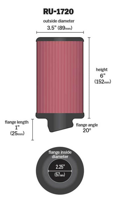 K&N Engineering Universal Rubber Round Air Filter with 20 Degree Flange - 2.25 Inch Flange ID, 3.5 Inch Outer Diameter, 6 Inch Height