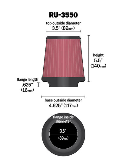 K&N Engineering Universal Rubber Air Filter – 3.5 inch Flanged Diameter, 4.625 inch Base, 3.5 inch Top, 5.5 inch Height