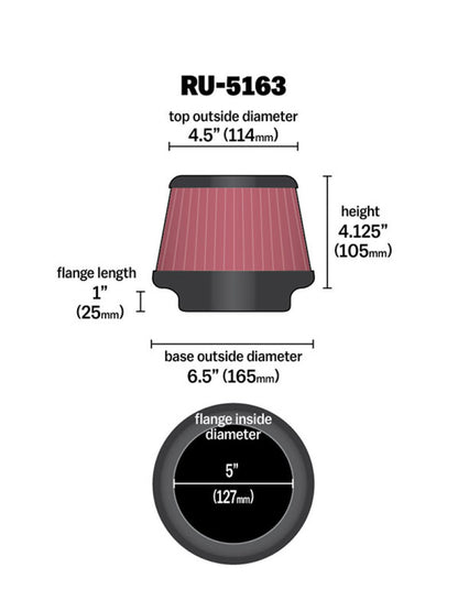 K&N Universal Rubber Air Filter with 5-inch Flange ID – Fits 2014-2016 Buick Verano, Honda Fit, Cadillac ATS