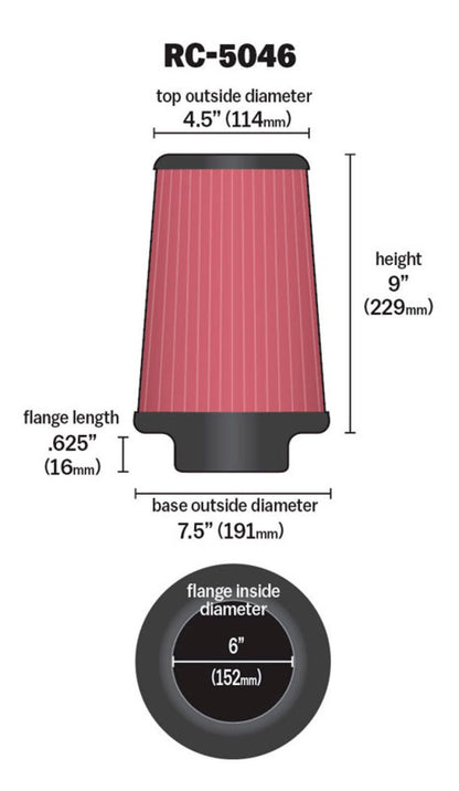 K&N Engineering Universal Chrome Air Filter – 6 inch Flanged, 7.5 inch Base, 4.5 inch Top, 9 inch Height