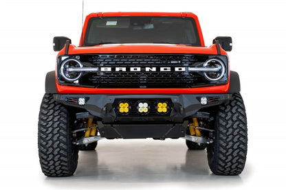 Addictive Desert Designs Bomber Front Bumper for Ford Bronco 2021-2023 with Baja Designs LP4 Mounts and D-Rings in Hammer Black