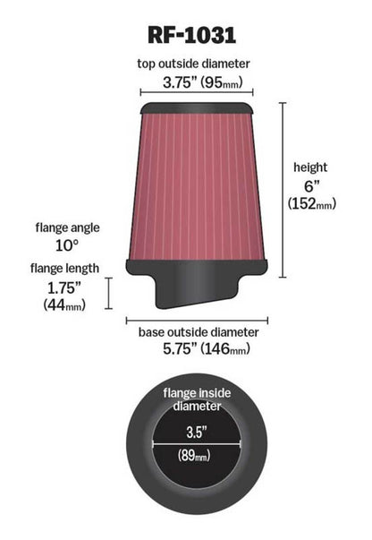 K&N Engineering RF-1031 Round Tapered Universal Air Filter - 3.5 Inch Flange Diameter