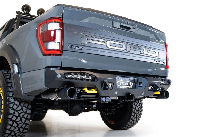Addictive Desert Designs HoneyBadger Rear Bumper for Ford Raptor 2021-2023 with 10-inch LED Mounts and Satin Black Panels