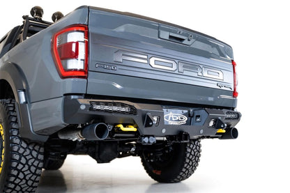 Addictive Desert Designs HoneyBadger Rear Bumper for Ford Raptor 2021-2023 with 10-inch LED Mounts and Satin Black Panels