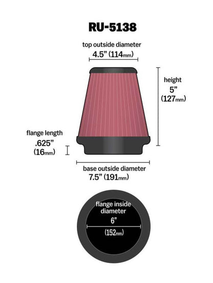 K&N Engineering Universal Clamp-On Air Filter 6 inch Flange, 7.5 inch Body, 4.5 inch Top, 5 inch Height - Fits BMW, Chevrolet, Chrysler Vehicles