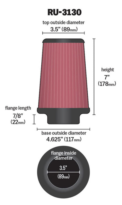 K&N Engineering Universal Rubber Air Filter with 3.5-Inch Flange and 7-Inch Height – Model RU-3130