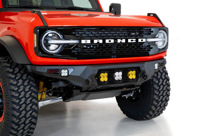 Addictive Desert Designs Bomber Front Bumper for Ford Bronco 2021-2023 with Baja Designs LP4 Mounts and D-Rings in Hammer Black
