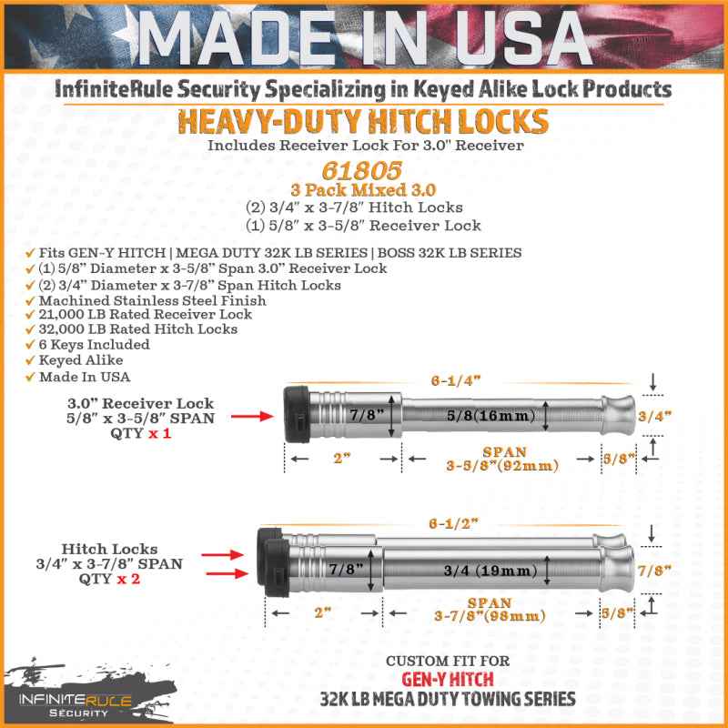 Gen-Y InfiniteRule (2) 3/4in x 3-7/8in Hitch Locks (1) 5/8in x 3-5/8in 3.0in Receiver Lock w/6 Keys