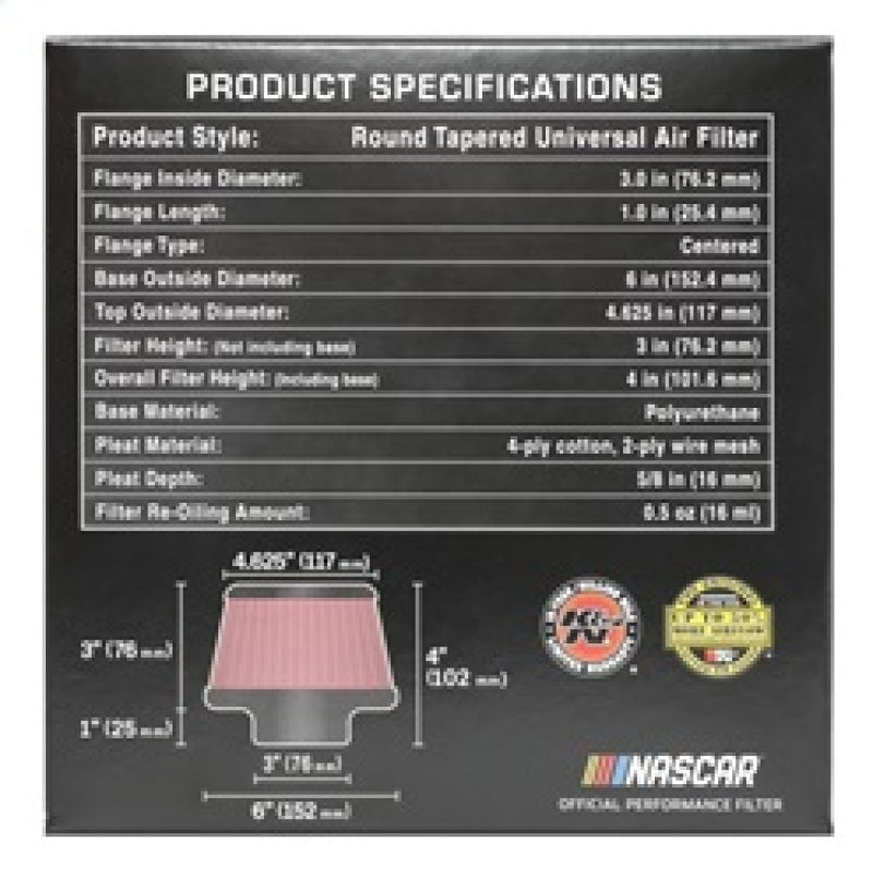K&N Engineering RU-5288 Universal Round Clamp-On Air Filter – 3-inch Flange ID, 6-inch Base OD, 4.625-inch Top OD, 3-inch Height