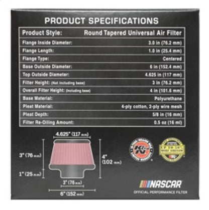 K&N Engineering RU-5288 Universal Round Clamp-On Air Filter – 3-inch Flange ID, 6-inch Base OD, 4.625-inch Top OD, 3-inch Height