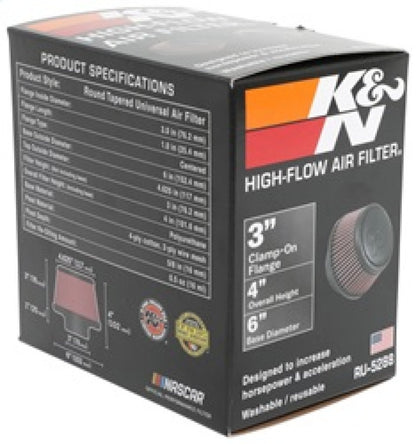 K&N Engineering RU-5288 Universal Round Clamp-On Air Filter – 3-inch Flange ID, 6-inch Base OD, 4.625-inch Top OD, 3-inch Height