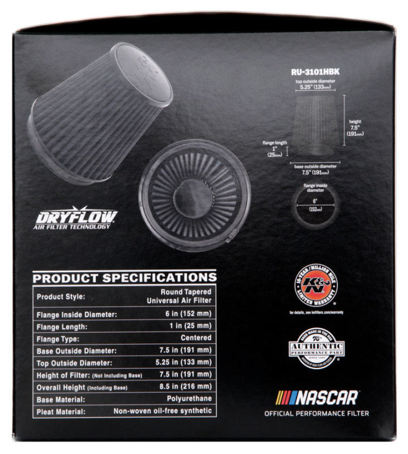 K&N Engineering RU-3101HBK Black Universal Rubber Round Tapered Air Filter - 6 inch Flange, 8 inch Height