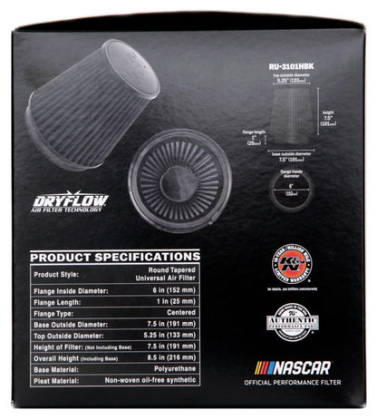 K&N Engineering RU-3101HBK Black Universal Rubber Round Tapered Air Filter - 6 inch Flange, 8 inch Height