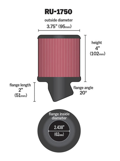 K&N Engineering Universal Rubber Round Straight Air Filter with 20 Degree Angled Flange - 2-7/16 Inch Flange Diameter