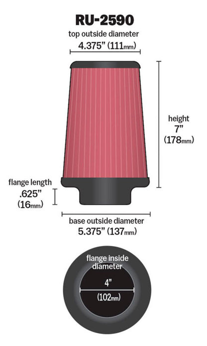 K&N Engineering Universal Rubber Air Filter - 4 Inch Flange, 5 3/8 Inch Base, 4 3/8 Inch Top, 7 Inch Height