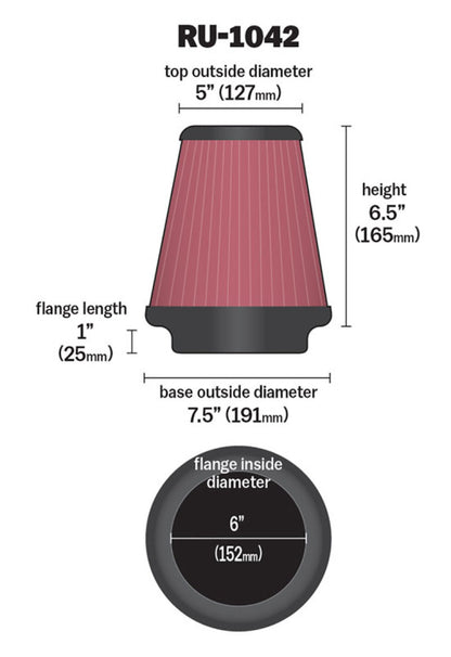 K&N Engineering Universal Clamp-On Air Filter - 6 Inch Flange, 7.5 Inch Base, 5 Inch Top, 6.5 Inch Height