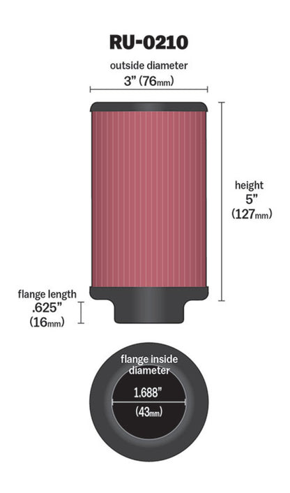 K&N Engineering Universal Rubber Air Filter Part RU-0210 – 1-11/16 inch Flange, 3 inch Outer Diameter, 5 inch Height for Motorcycles and Small Engines