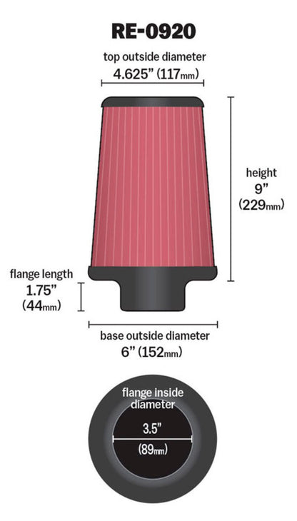 K&N Engineering Universal Rubber Air Filter – 3.5 Inch ID, 6 Inch Base, 4-5/8 Inch Top, 9 Inch Height