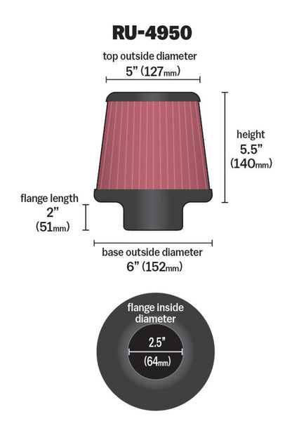 K&N Engineering Universal Rubber Air Filter Part Number RU-4950 for Mitsubishi Lancer (2.5 inch Flange, 6 inch Base, 5 inch Top, 5.5 inch Height)