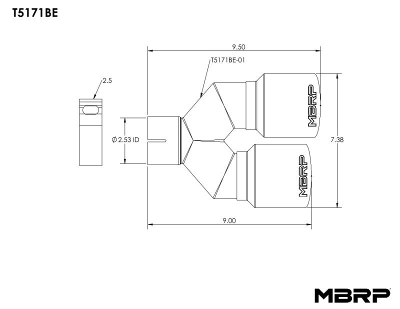 MBRP Burnt End Tip 2.5 Inch Inner Diameter, Dual 3.5 Inch Outer Diameter Out, 9.5 Inch Length, Single Wall T304 Stainless Steel