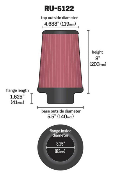 K&N Universal Rubber Air Filter with 3.25-inch Flange – Part Number RU-5122
