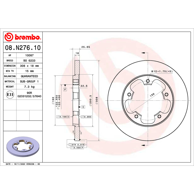Brembo OE UV Coated Front Rotor for Ford Transit and Nissan Leaf/Rogue – Part 08.N276.10