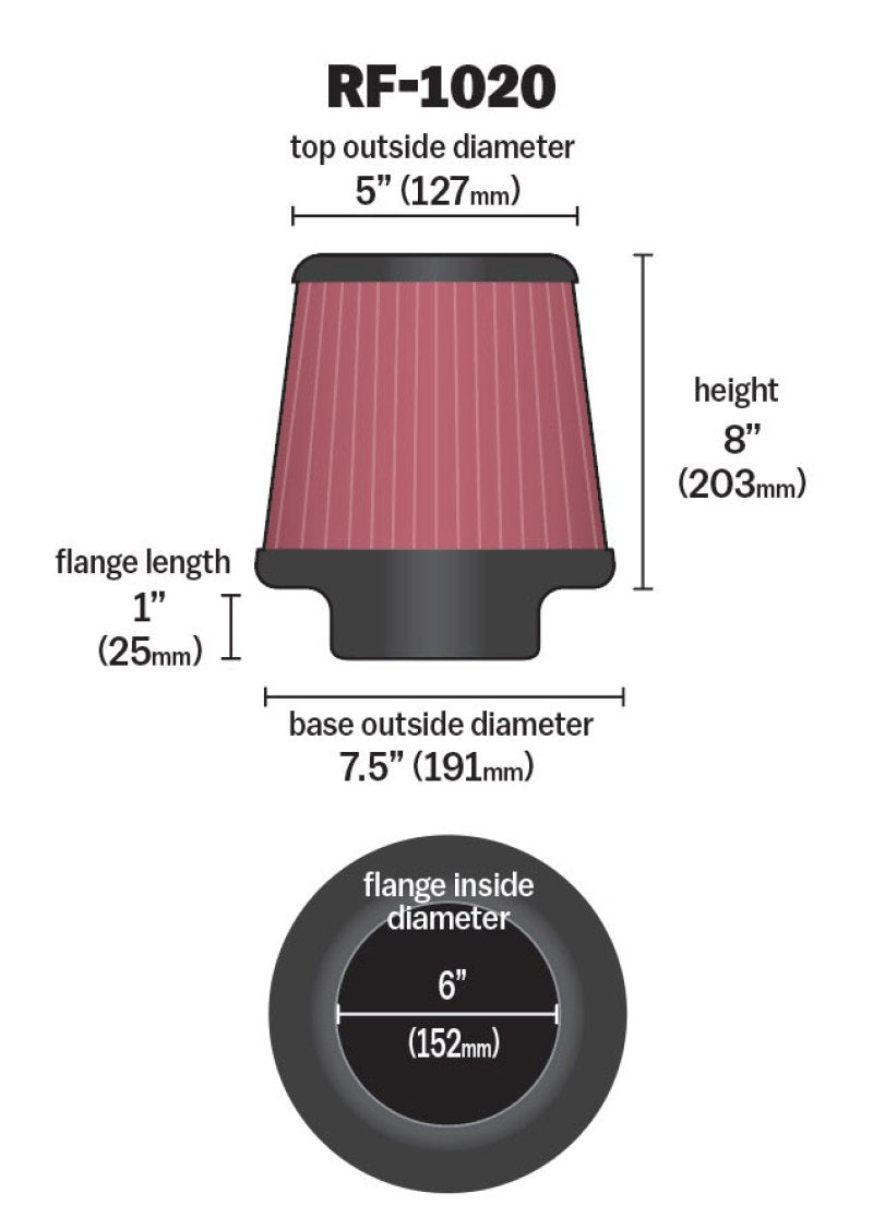 K&N Engineering Universal Air Filter - 6 inch Flange ID x 7.5 inch Base / 5 inch Outer Diameter Top x 8 inch Height