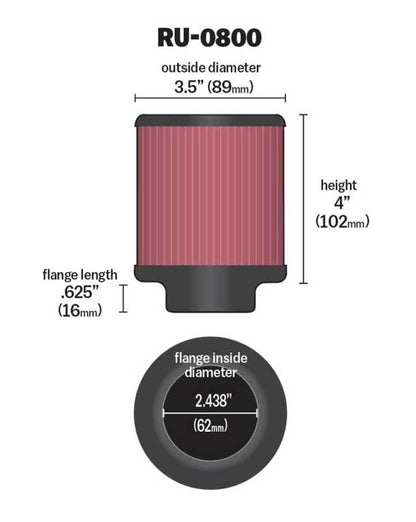 K&N Engineering Universal Air Filter - 2-7/16 inch Flange x 3-1/2 inch Outer Diameter x 4 inch Height