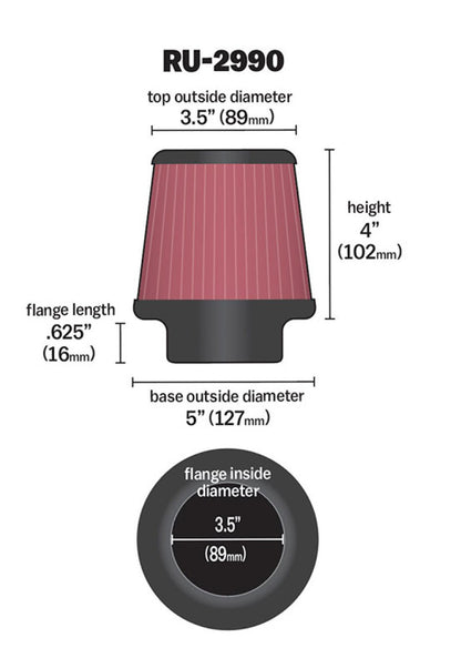 K&N Engineering Universal Rubber Air Filter with 3.5-inch Flange – Fits Various Equipment