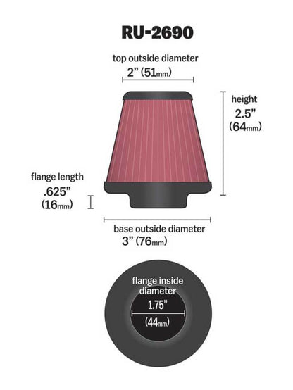 K&N Engineering Universal Rubber Air Filter with 1 3/4 Inch Flange – 3 Inch Base, 2 Inch Top, 2.5 Inch Height