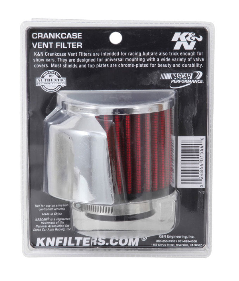 K&N Engineering 62-1514 1.5-Inch Flange Crankcase Vent Filter with Chrome Top and Heat Shield