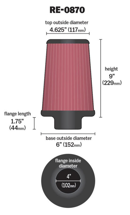 K&N Engineering Universal Rubber Air Filter 4 Inch Flanged for Automotive and Equipment Applications