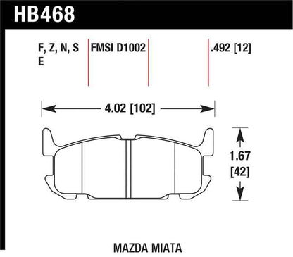 Hawk 03-05 Miata w/ Sport Suspension Blue 9012 Race Rear Brake Pads D1002