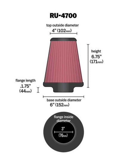 K&N Universal Tapered Air Filter for Jeep Grand Cherokee - 3 inch Flange, 6 inch Base OD