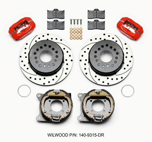 Wilwood Forged Dynalite P/S Rear Disc Brake Kit with Park Brake – 12.19-inch Drilled Rotors, Red Calipers, 12 Bolt 2.75-inch Offset